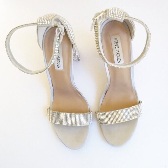 Steve Madden Carrson Silver Crystal Covered Block Heel Sparkly Sandals  Sz 9.5 - Picture 6 of 11